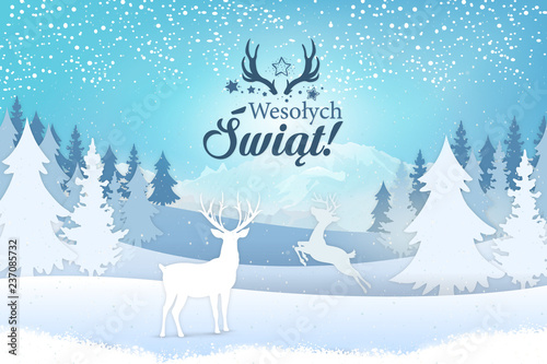 Fototapeta Naklejka Na Ścianę i Meble -  Koncepcja kartki z życzeniami świątecznymi Wesołych Świąt napisane po polsku. Stylowy napis z motywem świątecznym, na tle zimowego widoku na jelenie, drzewa i góry z padającym śniegiem