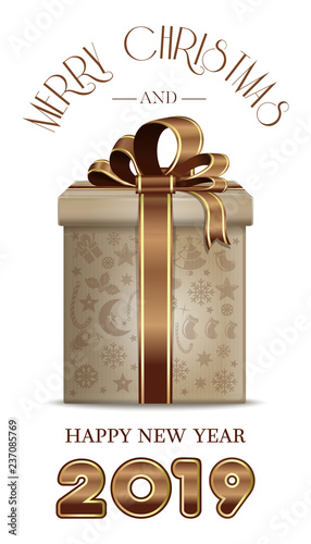Christmas card with gift box for year 2019. Merry Christmas and Happy New Year. Vector illustration