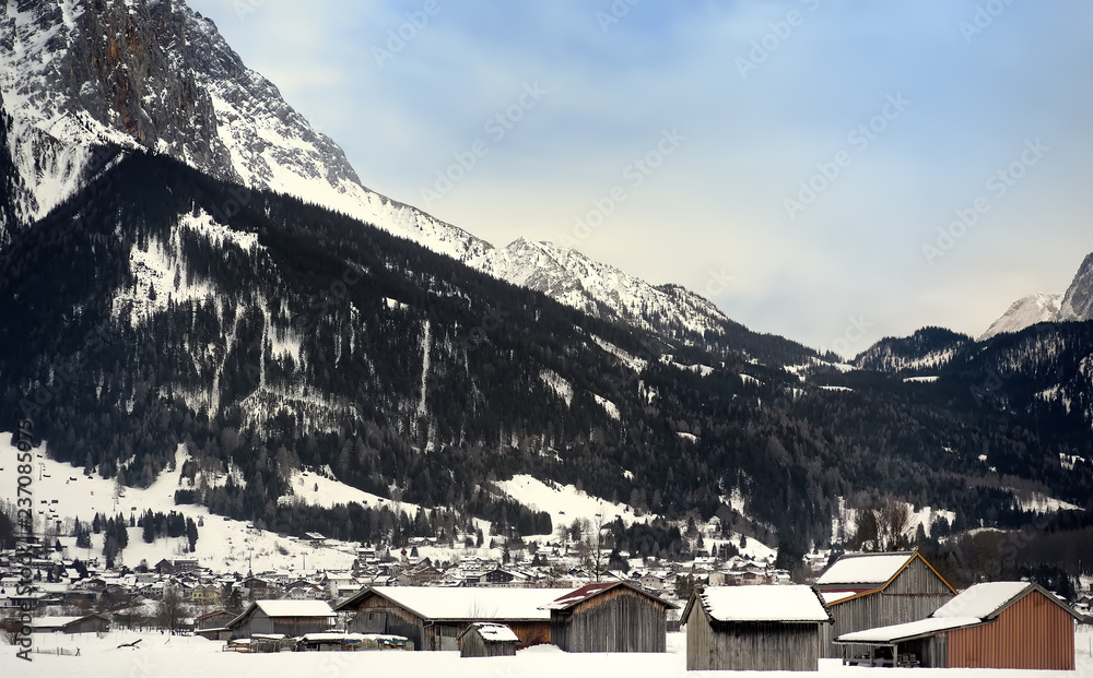 Winter view of a small town in the Alpine mountains