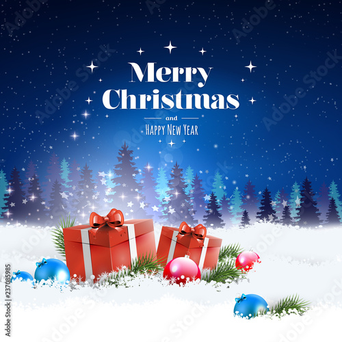 The concept of a greeting card with a stylish Merry Christmas and Happy New Year lettering. Winter night scenery, gifts lying in the snow and snow falling in the sky