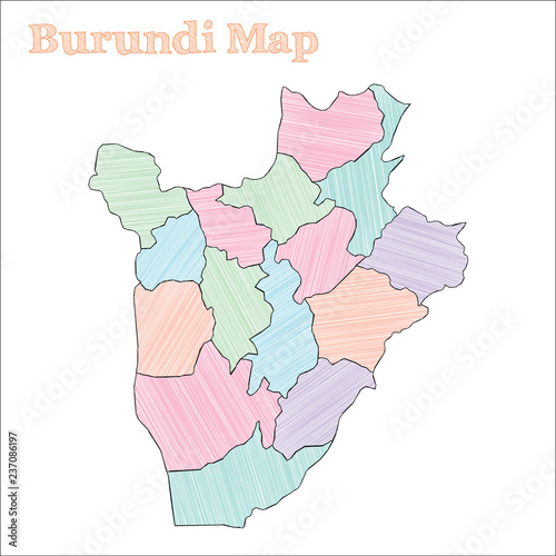 Burundi hand-drawn map. Colorful sketchy country outline. Authentic Burundi map with provinces. Vector illustration.