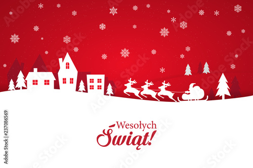 Kartka świąteczna ze stylowym napisem Wesołych Świąt po polsku. Zimowa sceneria z padającym śniegiem oraz zaprzęgiem reniferów wraz ze Świętym Mikołajem