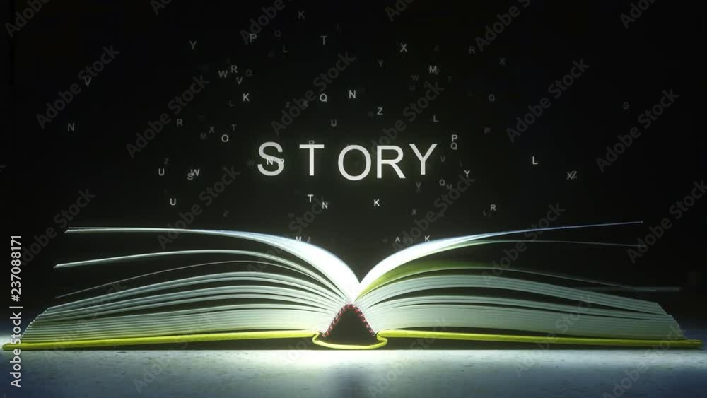 Letters fly off the open book pages to form STORY text. 3D animation