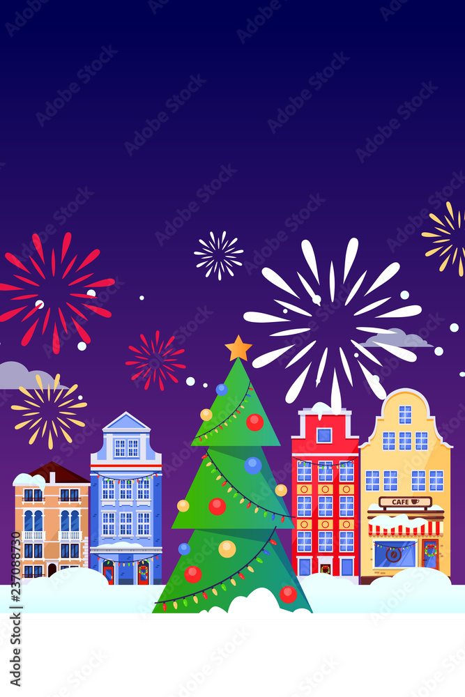 Christmas New Years holiday greeting card. Vector flat illustration. Carnival, festival banner, poster background design
