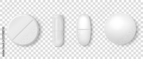 Vector 3d Realistic White Medical Pill Icon Set Closeup Isolated on Transparency Grid Background. Design template of Pills, Capsules for graphics, Mockup. Medical and Healthcare Concept. Top View photo