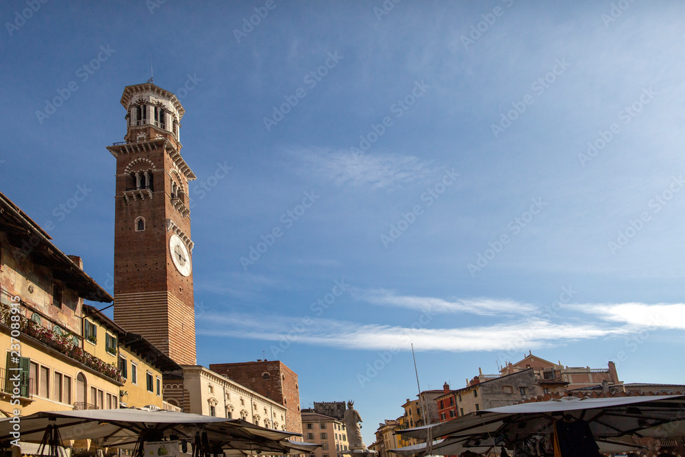 Verona, Italy -23 ottobre 2018: View of the popular square at Piazza delle Erbe in Verona, Italy . Verona is located at the north of Italy. Square of herbs in Verona.
