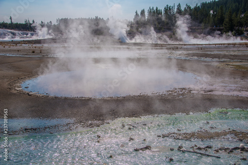 Steam rises from a geothermal area in Yellowstone National Park