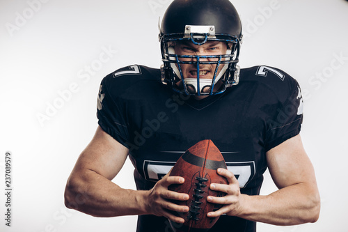 Professional rugby player sportsman with headgear, defence and equipment, close up