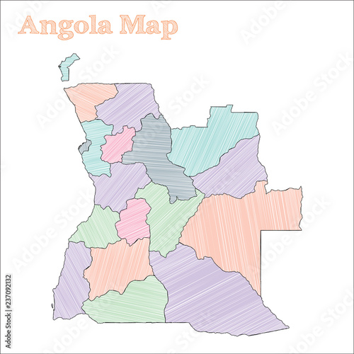 Angola hand-drawn map. Colorful sketchy country outline. Admirable Angola map with provinces. Vector illustration.