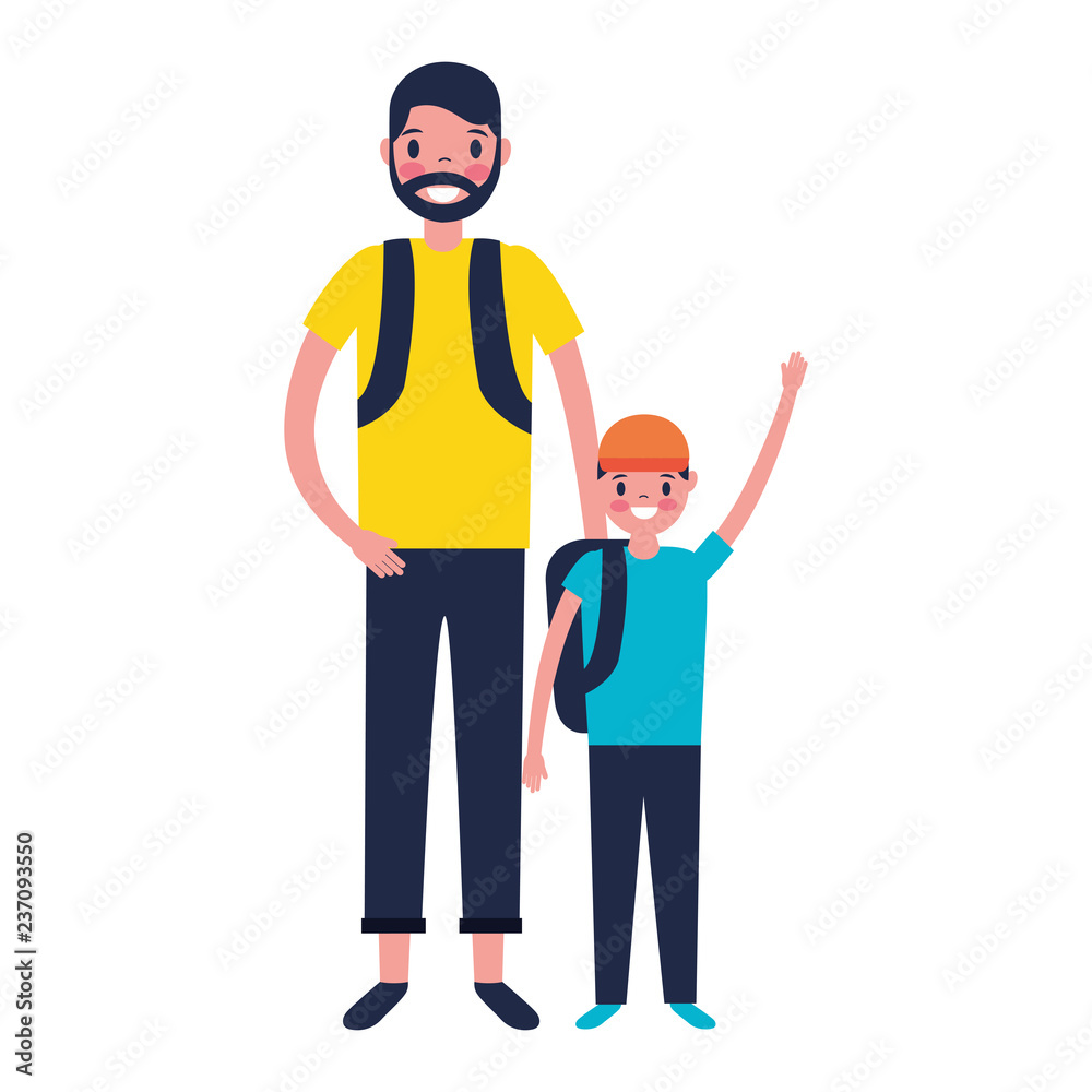 father and son with backpacks father and son with backpacks