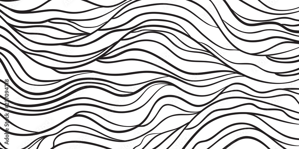 Wavy background. Hand drawn waves. Stripe abstract texture with many lines. Waved pattern. Black and white illustration for banners, flyers or posters