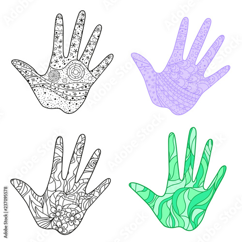Hands with abstract patterns on isolation background. Design for spiritual relaxation for adults. Zen art. Doodles for banners, posters and textiles © mikabesfamilnaya