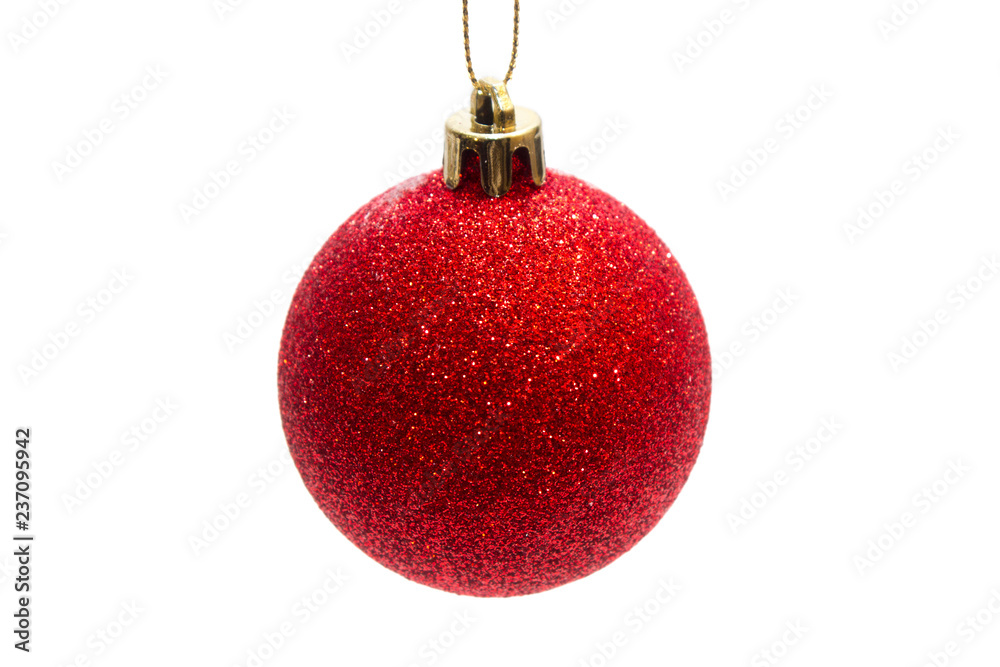 Christmas toy, shiny red ball. New Year. Isolated on white background, side view. Christmas toy, shiny red ball. New Year. Isolated on white background, side view.