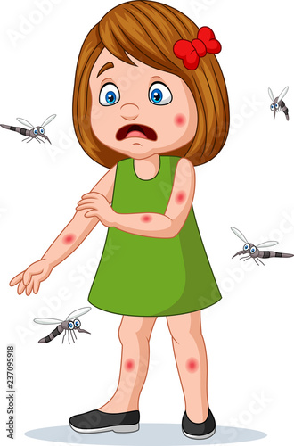 Cartoon little girl being bitten by mosquitos
