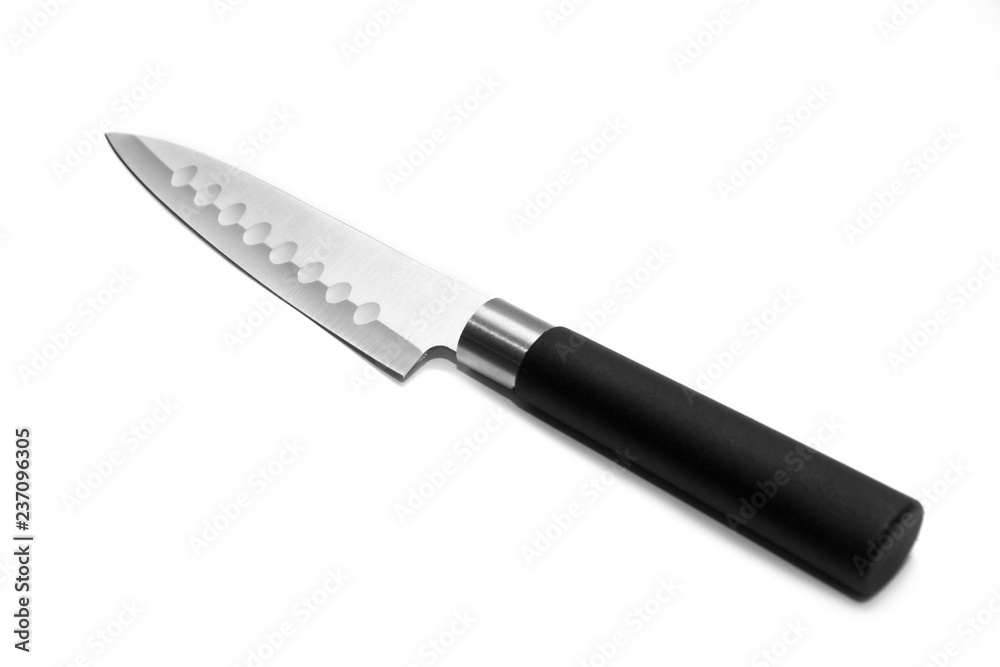 Kitchen steel sharp knife with black handle isolated on white background Kitchen steel sharp knife with black handle isolated on white background