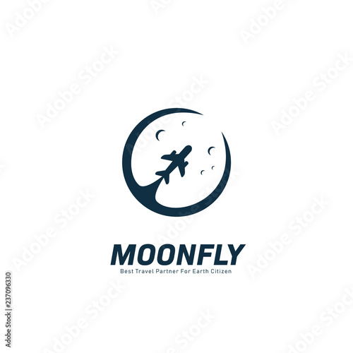 Moon fly tour and travel agency logo with moon and plane silhouette icon symbol illustration