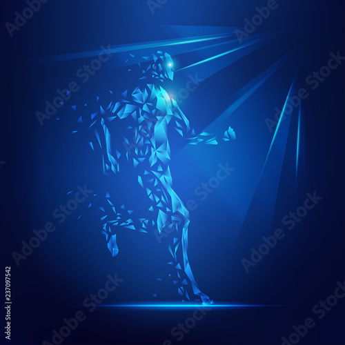 concept of technology revolution, abstract wireframe man running with beam