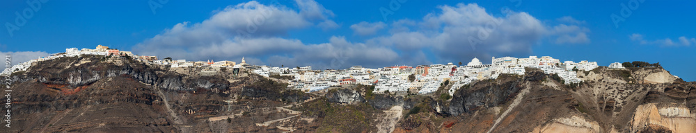 Panoramic view of the city of Thira in Santorini, Geece.