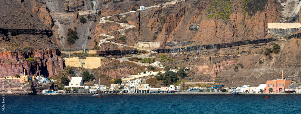 Panoramic view of the port of Thira in Santorini, Geece.