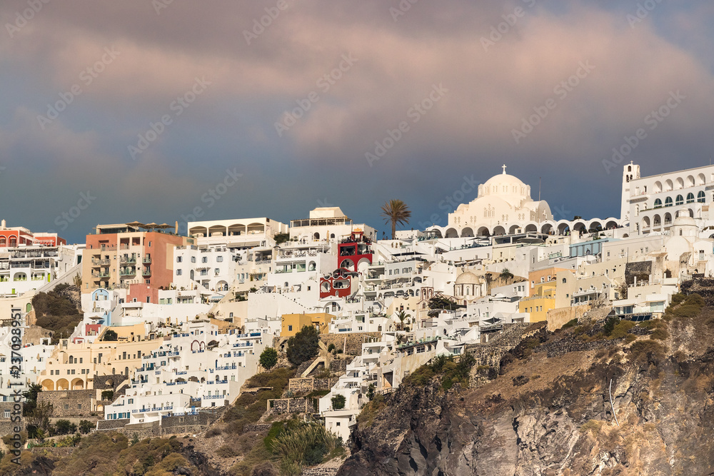 Detail view of the city of Thira in Santorini, Geece.