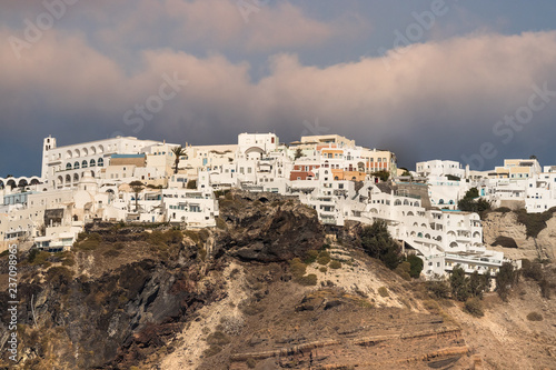 Detail view of the city of Thira in Santorini, Geece. photo