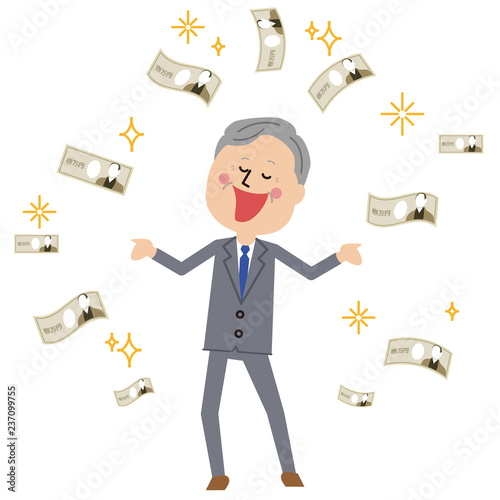 お金にご満悦のスーツを着た初老の男性