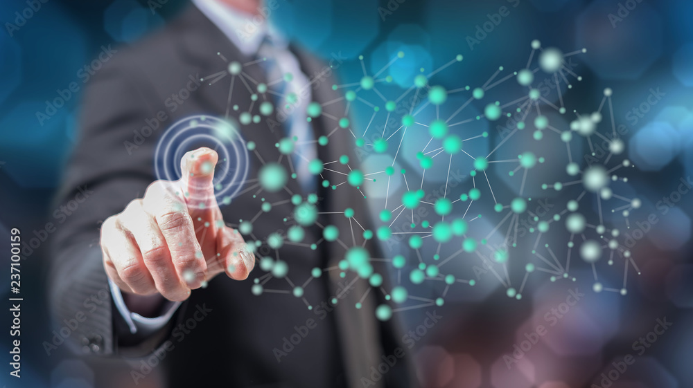 Man touching a virtual network Man touching a virtual network