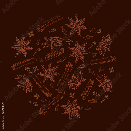 Cinnamon sticks, anise star and cloves. Seasonal food vector illustration  on brown background. Hand drawn sketch of spice and flavor. Cooking and mulled wine ingredient