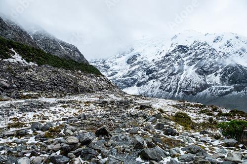 Beautiful view of Kia point, Mount Cook National Park covered with snow after a snowy day.