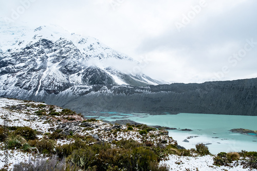 Beautiful view of Kia point, Mount Cook National Park covered with snow after a snowy day.