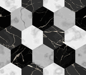 Crédence de cuisine Hexagone patrons Hexagones marbre rayures luxueuses dorées  © kronalux