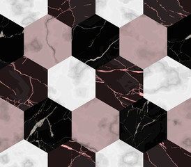 Handdoek met foto Marmeren hexagons patronen Luxe marmer hexagons naadloos design  © kronalux