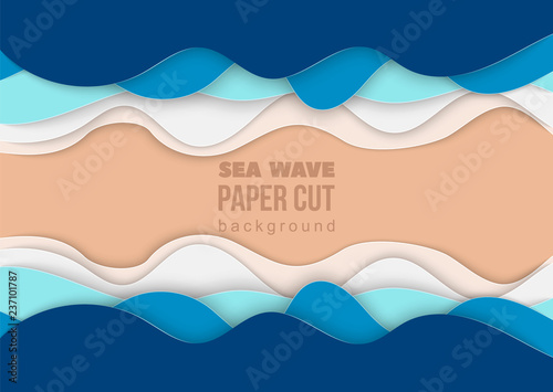Abstract background. Sea waves cut from paper. The concept of summer recreation and tourism. Template for booklet, invitation, banner, poster. Vector illustration of paper cut out style.