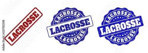 LACROSSE grunge stamp seals in red and blue colors. Vector LACROSSE overlays with grunge surface. Graphic elements are rounded rectangles, rosettes, circles and text tags.