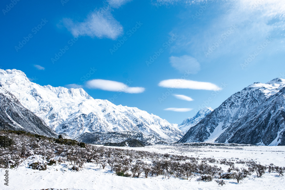 Beautiful view of Mount Cook National Park covered with snow after a snowy day.