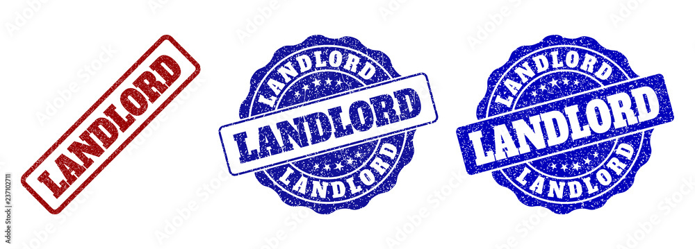LANDLORD grunge stamp seals in red and blue colors. Vector LANDLORD watermarks with grunge texture. Graphic elements are rounded rectangles, rosettes, circles and text titles. LANDLORD grunge stamp seals in red and blue colors. Vector LANDLORD watermarks with grunge texture. Graphic elements are rounded rectangles, rosettes, circles and text titles.