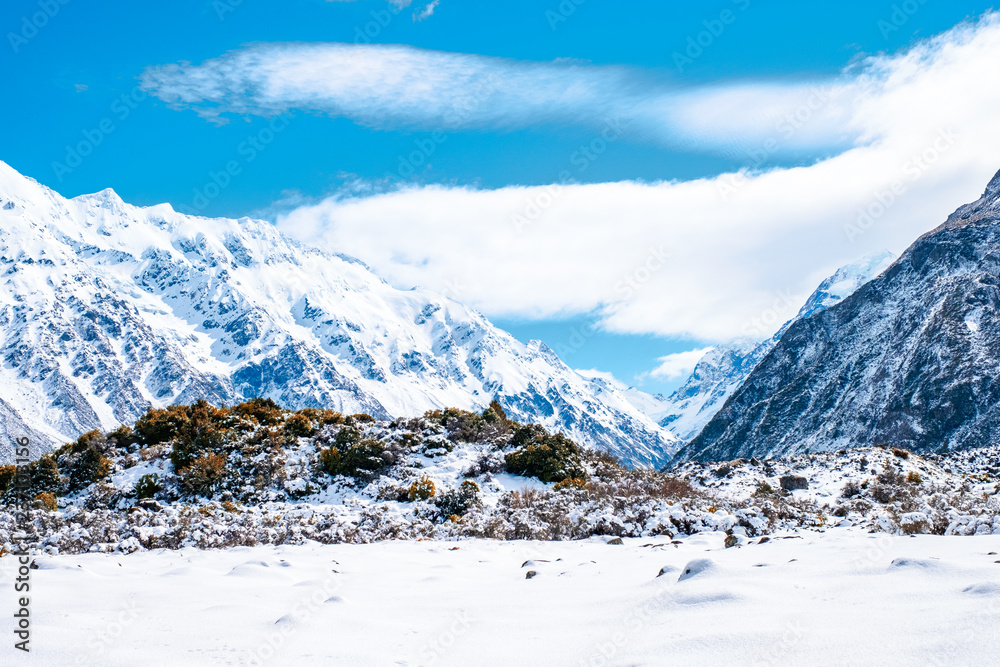 Beautiful view of Mount Cook National Park covered with snow after a snowy day.