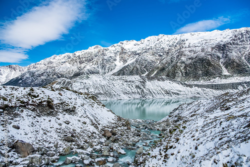 Beautiful view of Hooker Valley track covered with white snow. Mount Cook National Park, New Zealand.