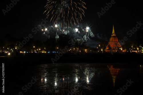 Beautiful Firework Reflection Over Old Pagoda Loy Krathong Festival Sukhothai Thailand Amazing Historic Town