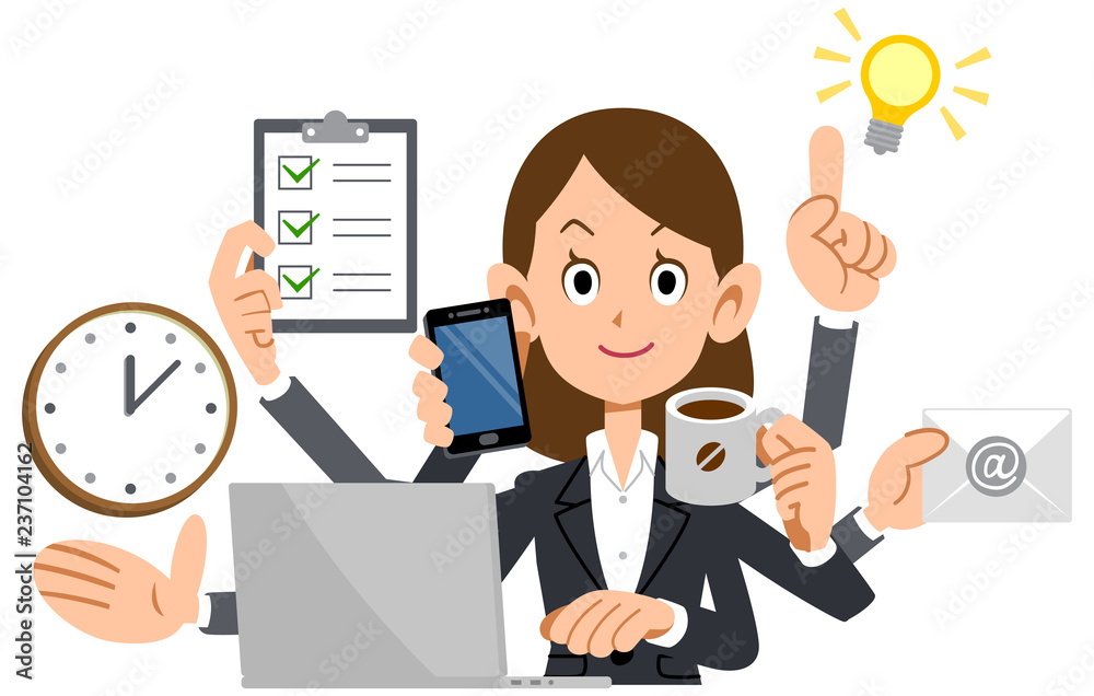 マルチタスクをこなす女性　スーツ　ビジネス
