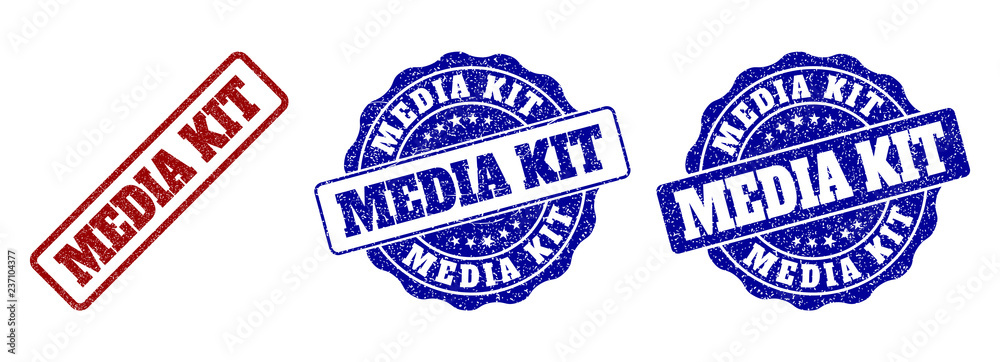 MEDIA KIT grunge stamp seals in red and blue colors. Vector MEDIA KIT signs with dirty surface. Graphic elements are rounded rectangles, rosettes, circles and text titles. MEDIA KIT grunge stamp seals in red and blue colors. Vector MEDIA KIT signs with dirty surface. Graphic elements are rounded rectangles, rosettes, circles and text titles.