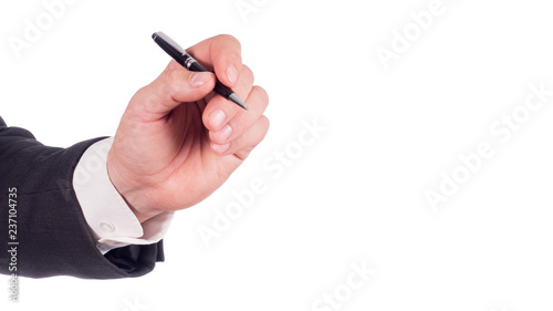 Pen in hand. Isolated on white background.