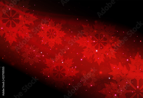 Christmas dark red background with glitter and silhouette of red elegant snowflakes