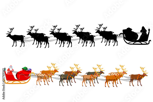 Santa Claus on a sleigh with reindeer, with a handful of gifts. Silhouette of santa claus.