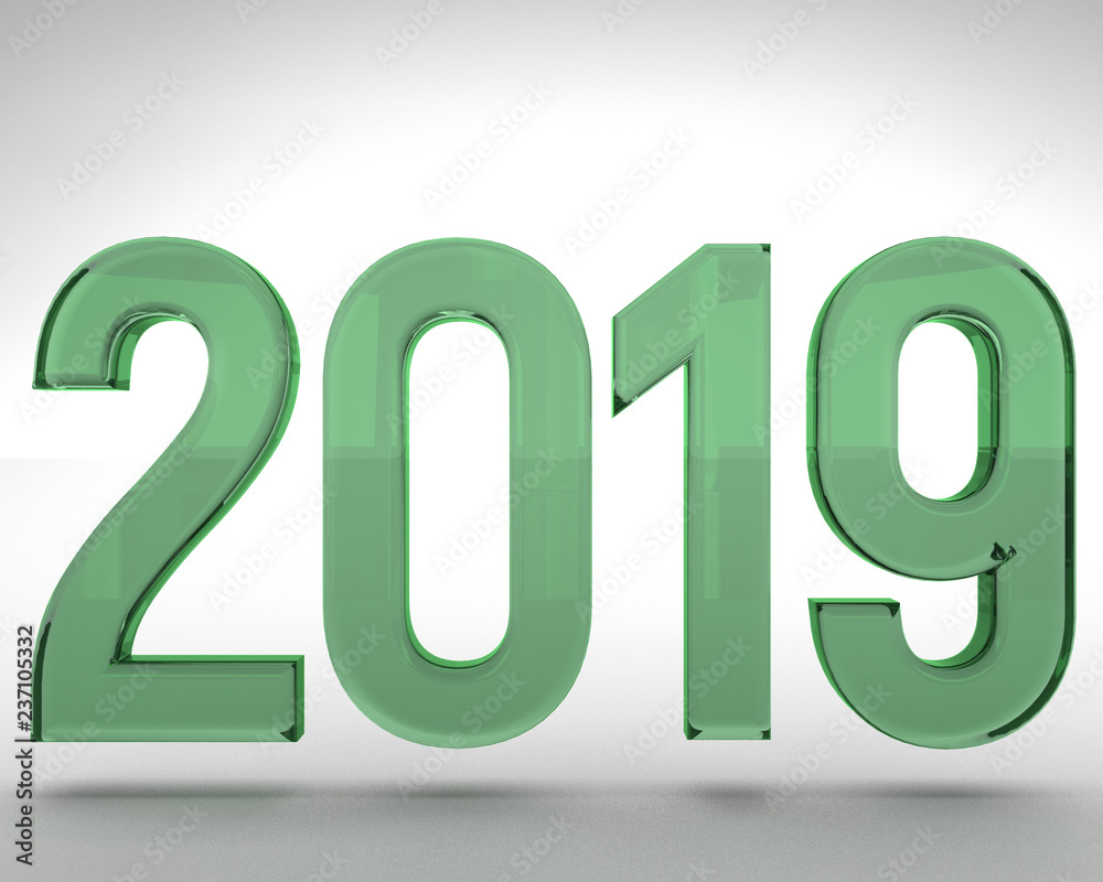 2019 new year 3d illustration render green transparent glass on black background 2019 new year 3d illustration render green transparent glass on black background