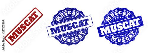 MUSCAT scratched stamp seals in red and blue colors. Vector MUSCAT overlays with scratced surface. Graphic elements are rounded rectangles, rosettes, circles and text titles.