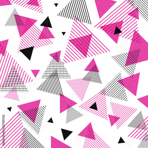 Abstract modern pink, black triangles pattern with lines diagonally on white background.