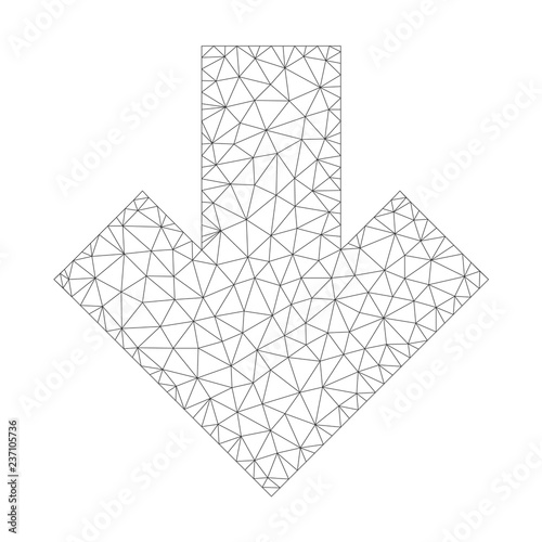 Mesh vector arrow down icon on a white background. Polygonal carcass gray arrow down image in lowpoly style with connected triangles, dots and linear items.