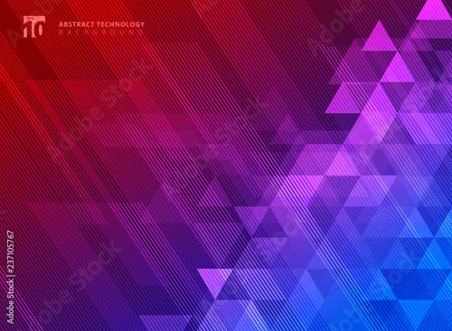 Abstract lines and triangles pattern on blue and red gradients background technology concept.
