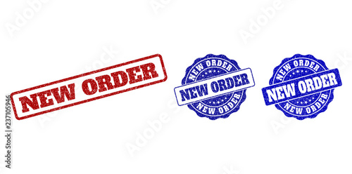 NEW ORDER grunge stamp seals in red and blue colors. Vector NEW ORDER overlays with grunge style. Graphic elements are rounded rectangles, rosettes, circles and text captions.